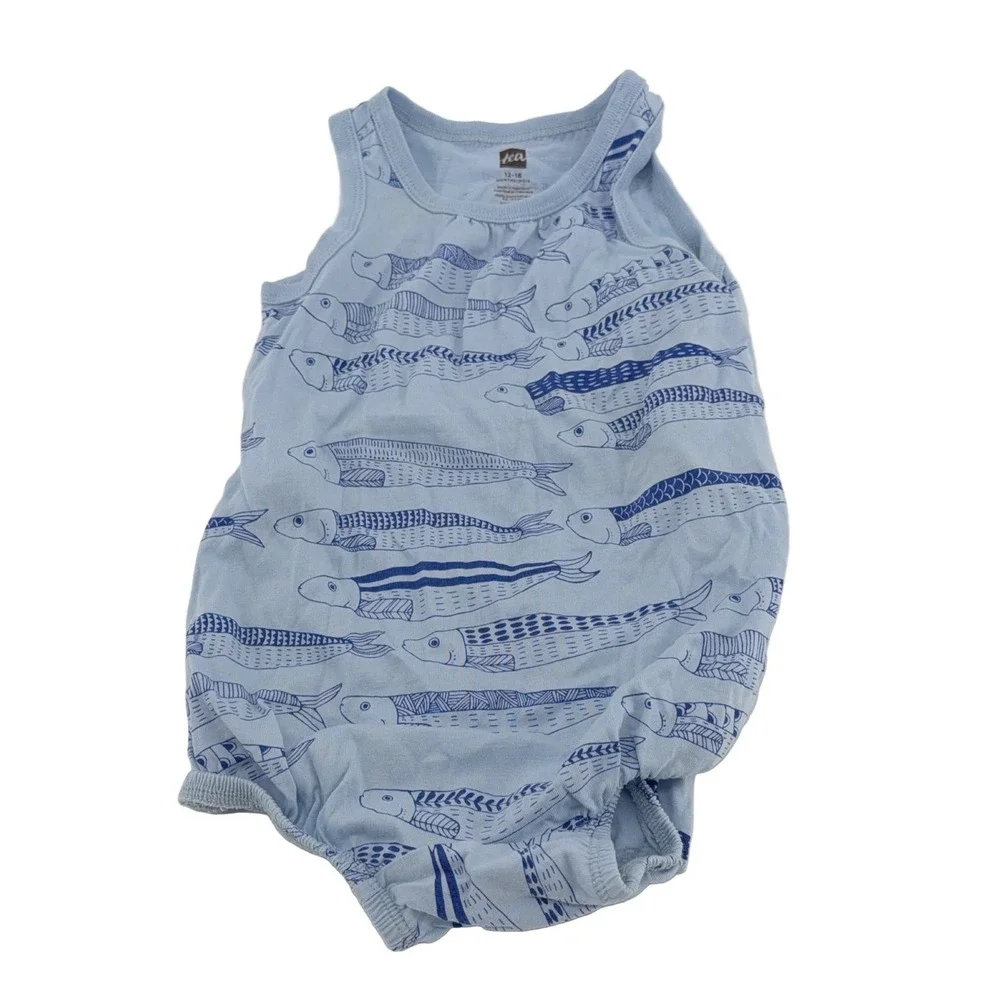 Tea Collection Seabirds Romper Girls 12-18M Light Blue Long Sleeve Cotton Knit